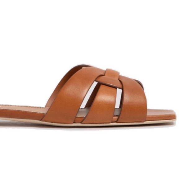 Authentic SAINT LAURENT YSL TRIBUTE AMBER BROWN LEATHER SANDALS FLATS MULES 39/8 - Picture 2 of 10